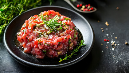 Fototapeta premium beef tartare with sauce and herbs in a black plate