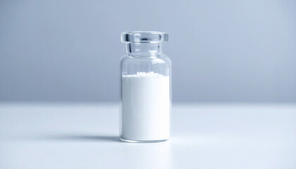 Laboratory sample of white titanium dioxide powder in clear glass vial. Cosmetics and pharma.