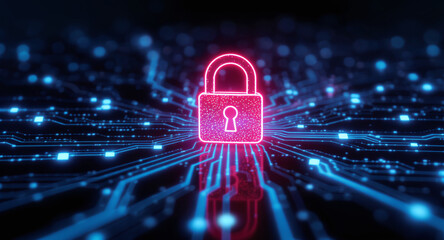 Data protection technology concept: A glowing red padlock serves as a focal point within a dynamic digital landscape of blue illuminated circuit pathways and nodes, representing secure network connect