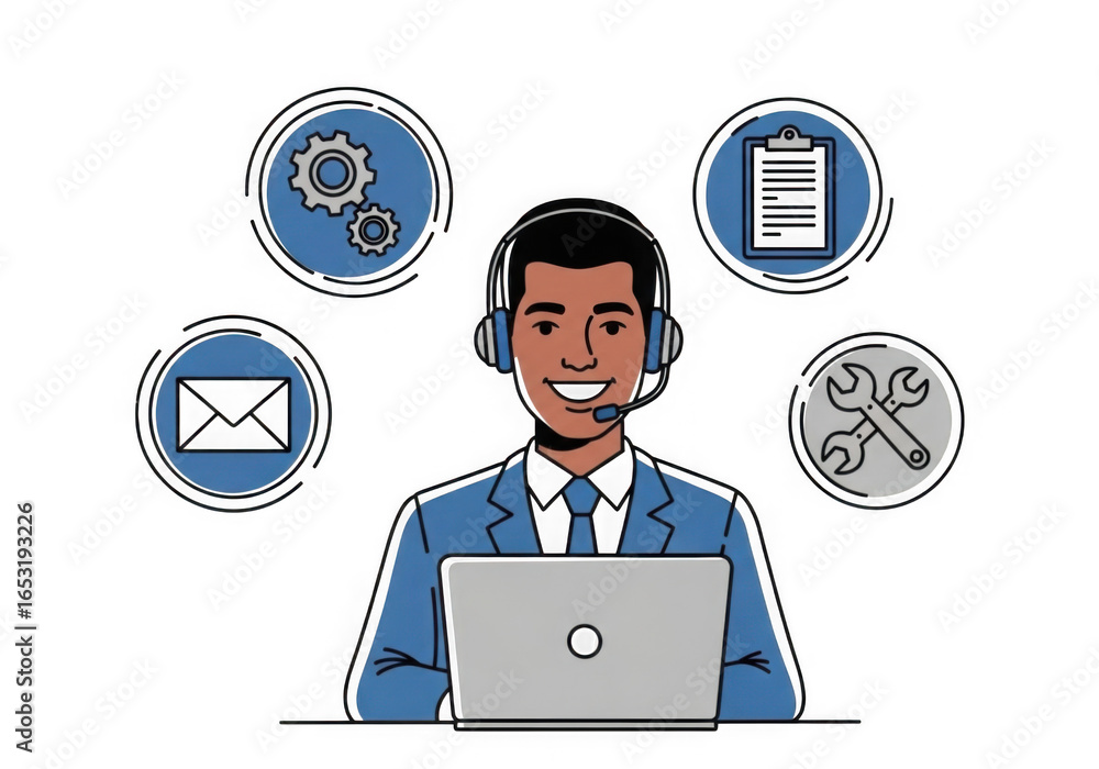 Poster customer service representative with headset and laptop surrounded by service icons isolated on tran