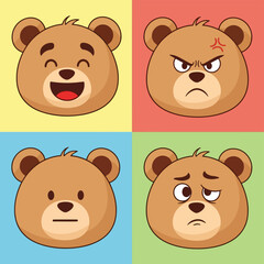 Fototapeta premium Vector illustration of four cute bear faces showing different emotions and expressions