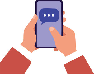 Hands holding smartphone with messaging app open and finger touching screen vector illustration 