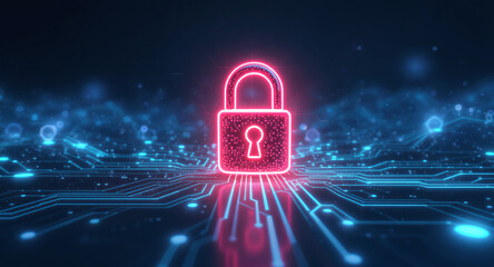 Data protection technology concept: A glowing red padlock serves as a focal point within a dynamic digital landscape of blue illuminated circuit pathways and nodes, representing secure network connect