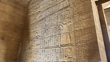 Ancient wall in the Temple of Philae, Aswan, covered with hieroglyphics and depictions of Egyptian gods.