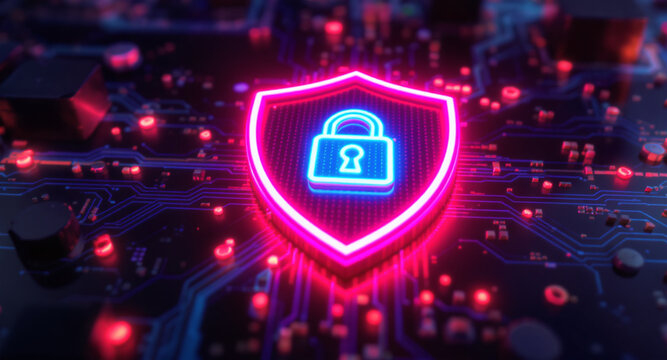 A glowing shield emblem is the focal point on a futuristic circuit board. The shield has a vibrant pink neon outline and contains a bright cyan padlock icon. 