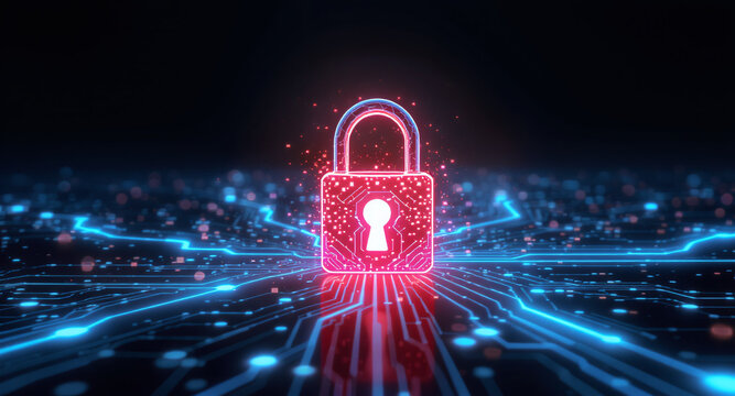 Data protection technology concept: A glowing red padlock serves as a focal point within a dynamic digital landscape of blue illuminated circuit pathways and nodes, representing secure network connect