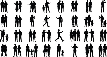 Human Silhouette Grid—Diverse Figures in Solo, Pair, and Family Groupings for Social, Demographic, and Design Themes