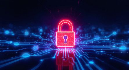 Data protection technology concept: A glowing red padlock serves as a focal point within a dynamic digital landscape of blue illuminated circuit pathways and nodes, representing secure network connect