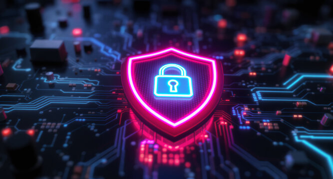 A glowing shield emblem is the focal point on a futuristic circuit board. The shield has a vibrant pink neon outline and contains a bright cyan padlock icon. 