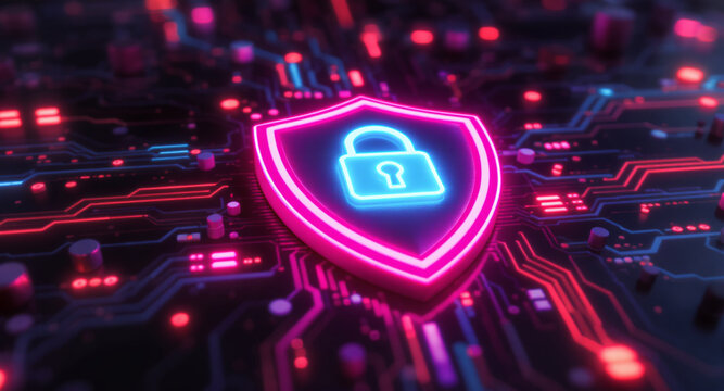 A glowing shield emblem is the focal point on a futuristic circuit board. The shield has a vibrant pink neon outline and contains a bright cyan padlock icon. 