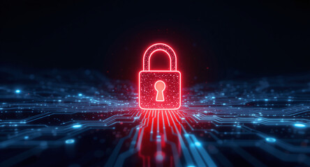 Data protection technology concept: A glowing red padlock serves as a focal point within a dynamic digital landscape of blue illuminated circuit pathways and nodes, representing secure network connect