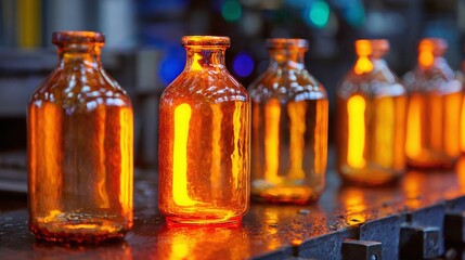Golden Bottles in Production: A line of freshly made, amber-colored glass bottles glow with warmth on the conveyor belt, ready for the next stage of production.