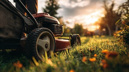 Cutting the grass with a mower at sunset. Lawn care in a suburban yard. Close up of wheels and blades, trimming tall grass. Evening light adds warmth.
