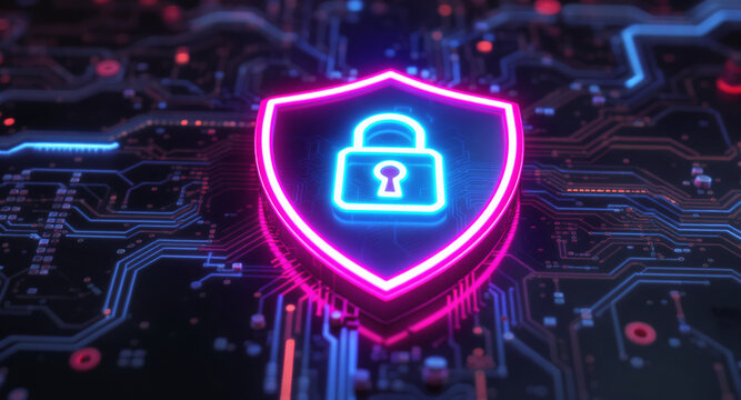 A glowing shield emblem is the focal point on a futuristic circuit board. The shield has a vibrant pink neon outline and contains a bright cyan padlock icon. 