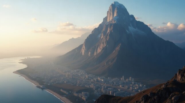 Sunlit mountain rising above cityscape, detailed ridges and shadows creating sense of permanence and scale, urban sprawl appearing delicate in comparison