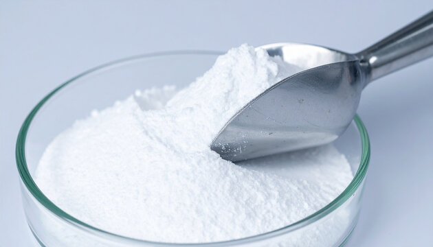 Metallic scoop with titanium dioxide powder. Talc, calcium carbonate, magnesium. Science