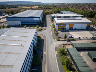 Large warehouse buildings in trading estate development
