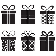 Four black gift boxes each with a bow and different patterns on the box surface design. Vector black silhouette. with white background
