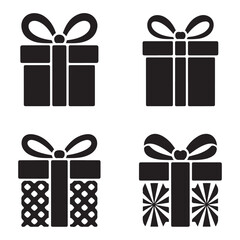 Four black gift boxes each with a bow and different patterns on the box surface design. Vector black silhouette. with white background