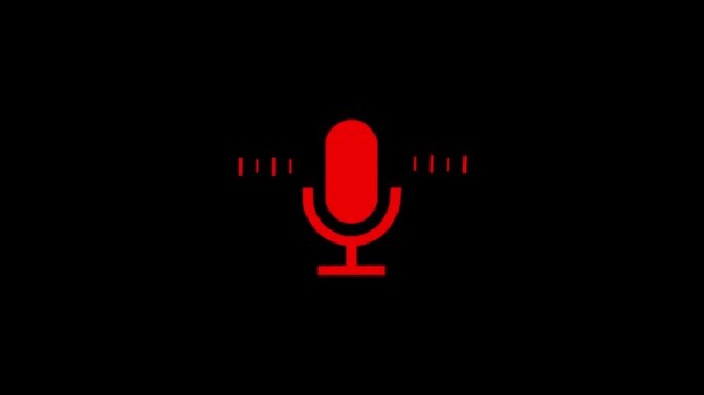 Red color microphone Voice recording podcast mic microphone button icon. audio microphone icon animation. Audio microphone icon looping animation. Audio microphone icon animation . black background