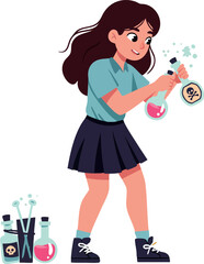 Girl holding chemical bottles with skull symbols in school science experiment vector illustration 