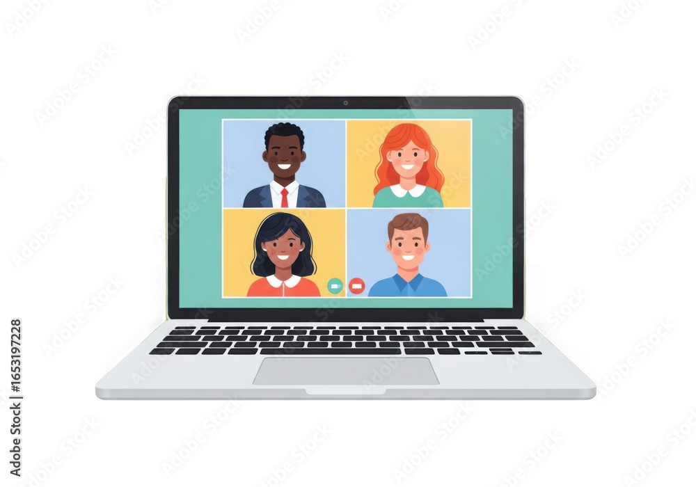 Poster modern laptop displaying a diverse group video call with four participants isolated on transparent b