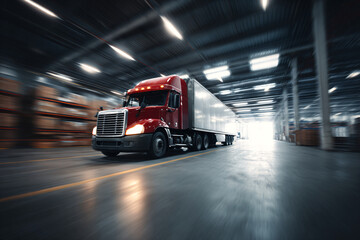 Motion blur of container trucks entering and leaving an international logistics distribution warehouse. Ai generate.