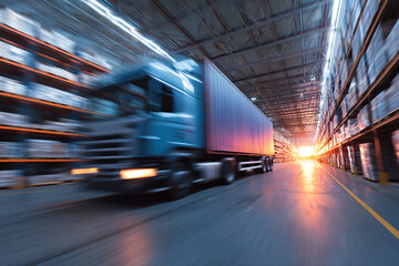 Motion blur of container trucks entering and leaving an international logistics distribution warehouse. Ai generate.