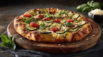 Vegetable Pizza: Freshly baked pizza topped with zucchini, tomatoes, basil, and melted cheese. A delicious and healthy meal option. Bon appetit!