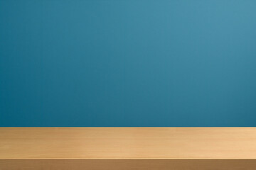 Empty wooden table top and color blue wall background for showing products and advertisers. Template mock up for display of product. product promotion in the wall. for display or montage.