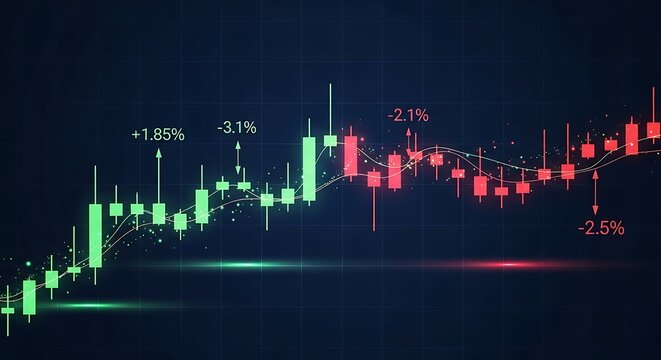 Stock market graph showing green and red candlesticks on a dark blue background with percentages shown
