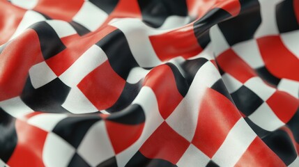 Abstract checkered fabric with red, black, and white squares, flowing texture.