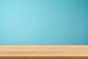Empty wooden table top and color blue wall background for showing products and advertisers. Template mock up for display of product. product promotion in the wall. for display or montage.