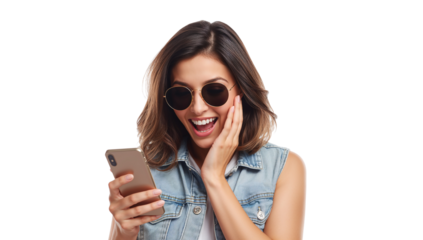 Isolated elated young woman engrossed in her phone screen with great surprise on a transparent