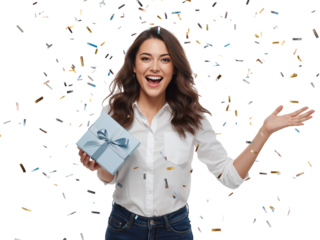 Joyful woman with a present in hand amid an abstract and colourful glitch pattern