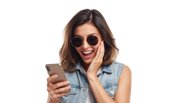 Isolated elated young woman engrossed in her phone screen with great surprise on a transparent