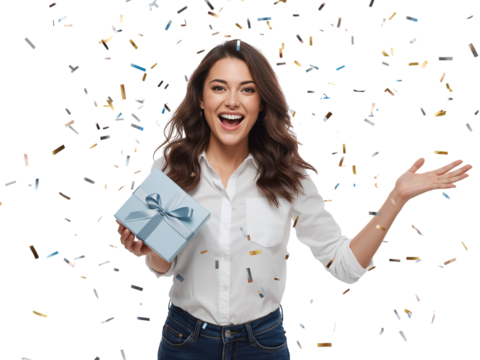 Joyful woman with a present in hand amid an abstract and colourful glitch pattern