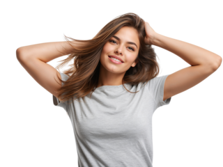 Smiling woman with flowing hair and hands behind her head on transparent space