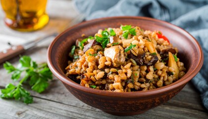 Fototapeta premium Wild Mushroom and Barley Stew with Fresh Herbs. Nordic Food Close Up