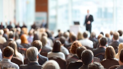 Obraz premium Large audience listening to a speaker at a conference.
