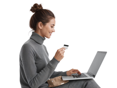 Smiling woman holding credit card and typing on a laptop with transparent ethereal background
