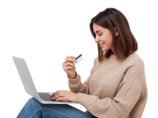 Woman using her laptop and holding a credit card for secure online purchases in the digital age