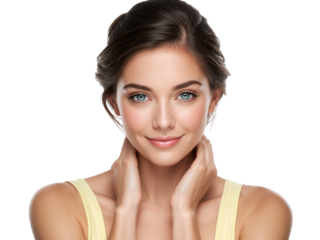 Portrait of a serene young woman with clear skin and bright eyes on transparent backdrop