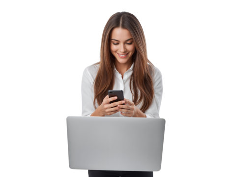 Smiling young woman using smartphone with laptop in front, isolated on transparent area