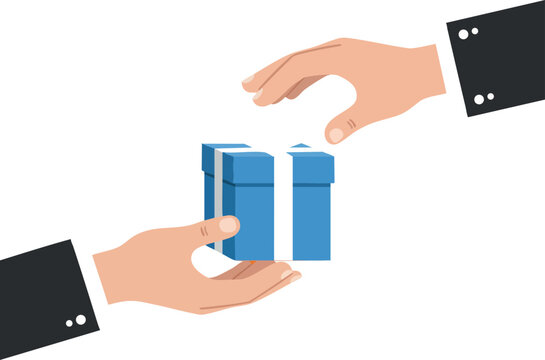 Hands exchanging blue gift box present in business suit sleeves vector illustration 