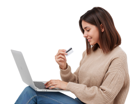 Woman using her laptop and holding a credit card for secure online purchases in the digital age