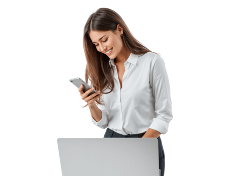 Smiling woman interacting with her smartphone next to a laptop on an isolated transparent setting