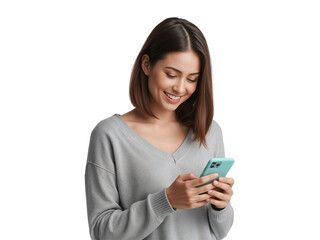 Attractive young woman intently using her smartphone on a transparent isolated setting, exuding a