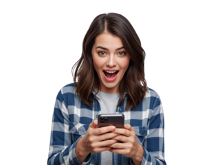 Excited woman with smartphone celebrating success against isolated transparent backdrop