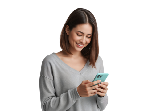 Attractive young woman intently using her smartphone on a transparent isolated setting, exuding a